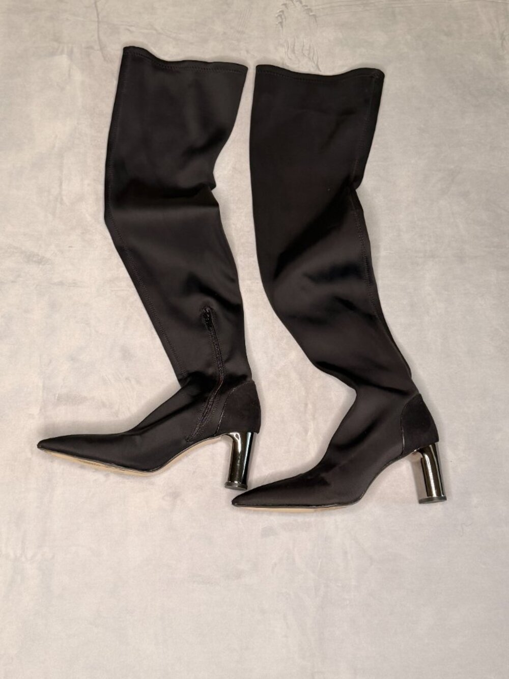 Zara Black Stretch Sock Over Knee Boots Silver Chrome Heel Pointed Toe 39  8.5